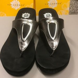 Yellow box pewter sandals